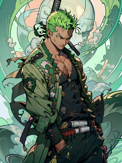 roronoa zoro do anime "(one peace",) sozinho, olhando para o viewer, short green  hair, mangas compridas, 1st grade, green pirat...