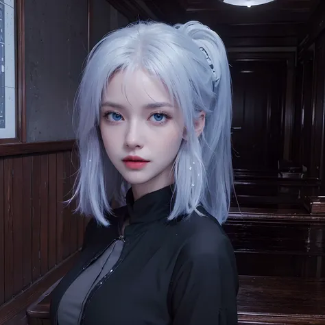 ((masterpiece)), ((best quality)), ((highres)), ((detailed background)), ((extremely detailed CG unity 8k wallpaper)),, shiona, white hair, long hair tied up, blue eyes, red lips,women office clothes