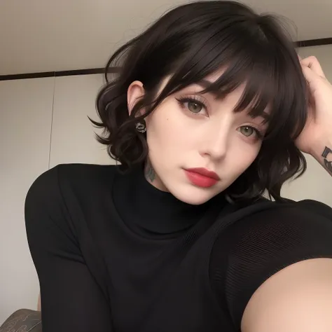 Best quality, masterpiece, super high resolution, (realism: 1.4), tattoos, black curly hair, short hair, pale skin, bedhead, goth, happy, wispy bangs, turtleneck sweater