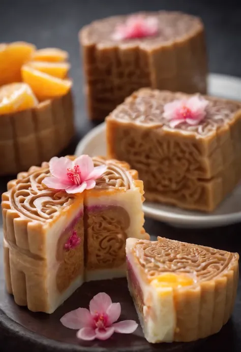 Mooncake cut half with pink intricate sakura fillings and 3 egg yolks