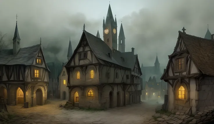 Old medieval town, Gothic, night, mist, dirt, dust, crows