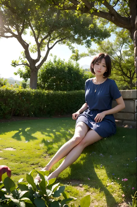 Woman playing under apple tree、Contre-Jour、Looking at the camera