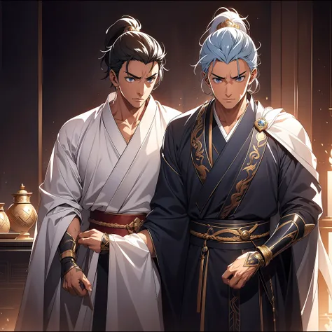 quadratic element，style of anime，mtu（Male Warrior），The proportions are correct，Face details，swordsmen，High ponytail hairstyle，Neck details，There is an Adams apple，White robe，kaftan，long white robe，clothes details，Handing over，longer sleeves，Game quality，Sw...