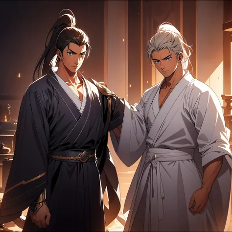 quadratic element，style of anime，mtu（Male Warrior），The proportions are correct，Face details，swordsmen，High ponytail hairstyle，Neck details，There is an Adams apple，White robe，kaftan，long white robe，clothes details，Handing over，longer sleeves，Game quality，Sw...