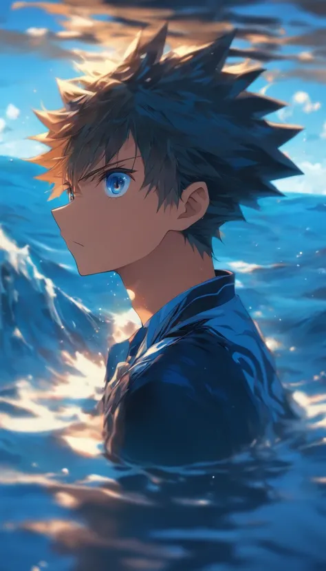 (Masterpiece), best quality, expressive eyes, a boy standing on water in the middle of the ocean, 1boy, school uniform,  side profile, reflection, royal blue, manga cover, far away shot, full body