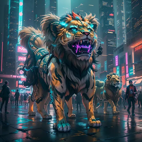 A cyberpunk lion dance in a futuristic city, (best quality, highres, ultra-detailed:1.2) with vibrant neon lights and holographic projections, mirroring off the rain-soaked streets. The lions body adorned with glowing circuit patterns, (fierce and realisti...