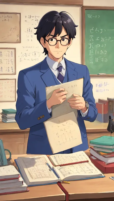 A math teacher,man,black hair,eyeglasses,not to old,age 50 years old,standing in front of the class,look like a boomer,look like a uncle,wearing tearcher outfit.