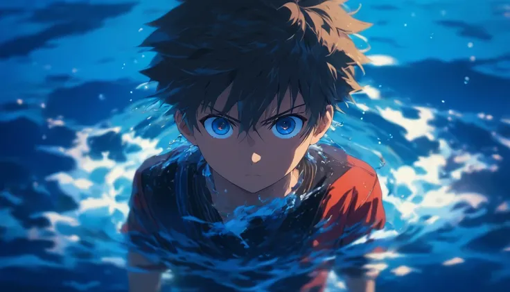 (Masterpiece), best quality, expressive eyes, a boy standing on water in the middle of the ocean, 1boy, school uniform,  side profile, reflection, royal blue, manga cover, far away shot, full body