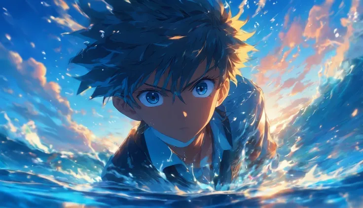 (Masterpiece), best quality, expressive eyes, a boy standing on water in the middle of the ocean, 1boy, school uniform,  side profile, reflection, royal blue, manga cover, far away shot, full body