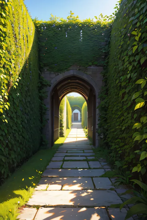 entering a courtyard with a huge hedge wall on both sides, first person,