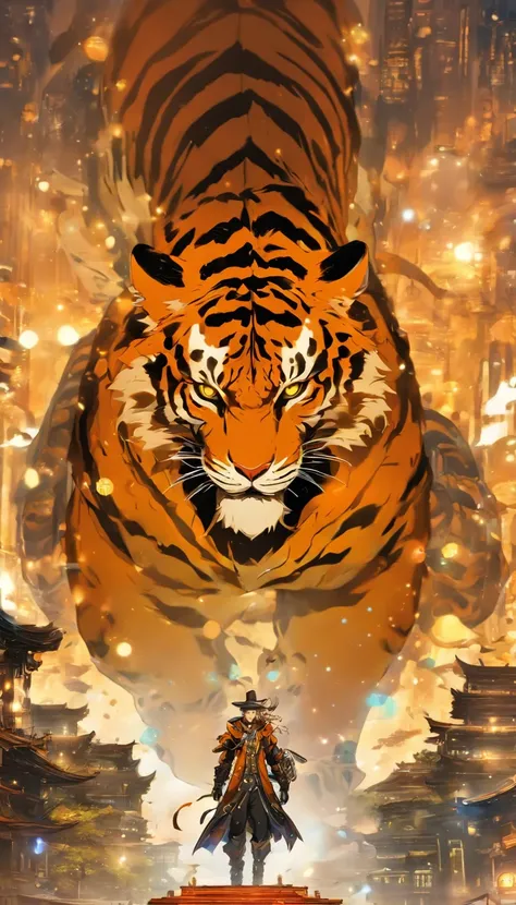 Chinese ink style，Steampunk world，Tiger-shaped steampunk warframe man，Jet steam is suspended in the city air，Ink animation art，Ink comic art，water ink，ink，Smudge，8K，Delicately portrayed，Works of masters