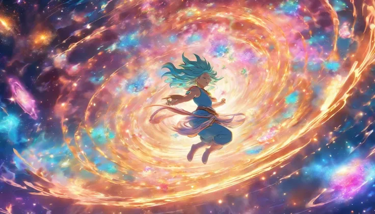 a close up of a person floating in a space with a spiral, swirling water cosmos, dreamy psychedelic anime, birth of the universe, water is made of stardust, anime art nouveau cosmic display, vast cosmos, endless cosmos in the background, swirling scene, fl...