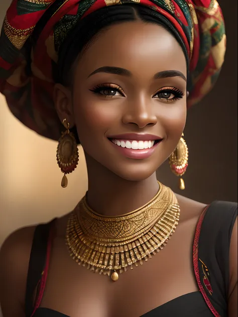 A realistic ethnic model image of Africas most beautiful woman, ((smiling)), Photography, Portrait Style, Inspired by Fashion and Beauty Photographers, Lens: 50mm, Medium Plane, Natural Lighting, 8K Resolution