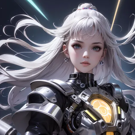 super high image, super detail, super high resolution, the face is human and the body is chrome mechanical parts sexy beautiful cute female floating in the sky, light silver glossy braided bangs hair, precise and detailed parts, cyberpunk midnight city, ru...