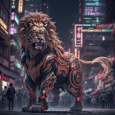 Cyberpunk lion dance in the city of the future, (Best quality, A high resolution, Ultra-detailed:1.2)  The body of the lion is decorated with a glowing circuit pattern, (Handmade lion head with ferocious expression) with intricate detail，Such as sharp fang...