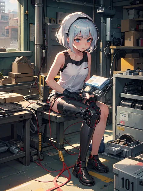 Girl with short-cut silver hair, mechanical headwear, working on robotics in a machine shop, tank top, sweat, mechanical gloves, mechanical prosthetic leg, The upper half of the body is flesh and blood, the lower half is mechanical,