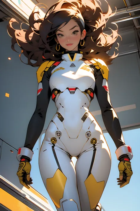 ((Best quality)), ((masterpiece)), (detailed: 1.4), (Absurd), (((full body)), (((woman))), 35-year-old woman, Beautiful thin woman, giant robot pilot, wild with perfect fit body, wearing little clothing, tiny thong, clothing with Japanese graphic patterns,...