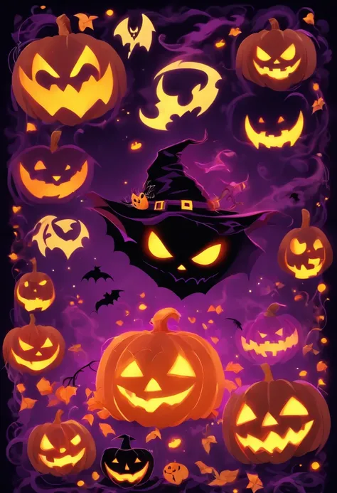 Halloween Elements, Digital Art: Black bat, Spooky pumpkin ghost, Spooky Moon, Ghost Broom, Purple Line Witch Talking Hat, Spider with yellow and black stripes, Witchs Castle, Magic black background, Minimalistic images with exclusive sticker illustrations