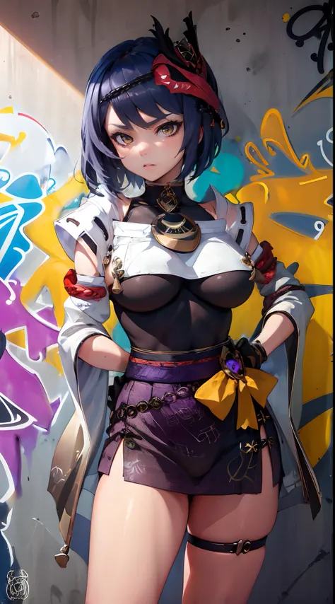 Kujou Sara Genshin Effect, masterpiece, bestquality, 1girls, oversized breasts, bara, choker, (Graffiti:1.5), Splash with purple lightning pattern., arm behind back, against wall, View viewers from the front., Thigh strap, Head tilt, bored, water eyes,