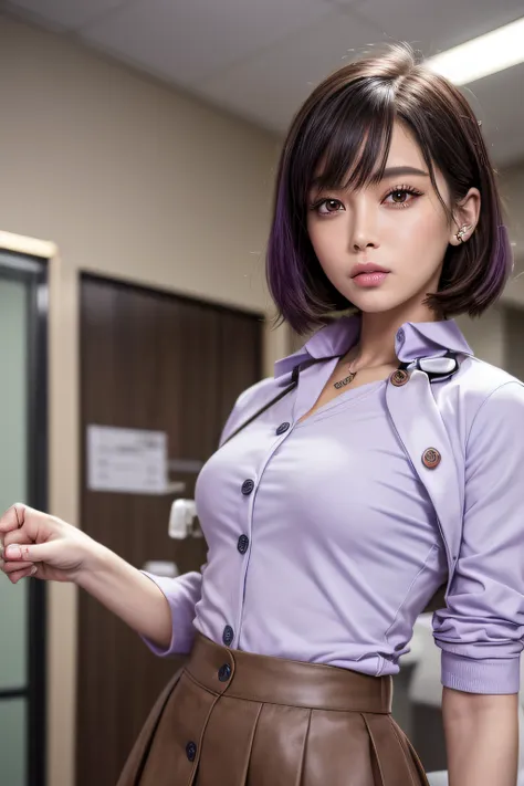 physician, 50 years old, hyperdetailed face, Detailed lips, Detailed eyes, 二重まぶた, Black bob-shaped hair,  (((Light purple shirts that button up to conceal the chest, doctors white coat, Brown tight mini skirt))), (Examining a patient in a hospital examinat...