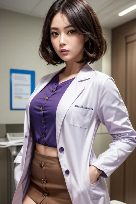 physician, 50 years old, hyperdetailed face, Detailed lips, Detailed eyes, 二重まぶた, Black bob-shaped hair,  (((Light purple shirts that button up to conceal the chest, doctors white coat, Brown tight mini skirt))), (Examining a patient in a hospital examinat...