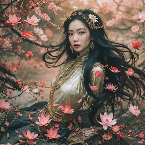 Gold backstop 32K（tmasterpiece，k hd，hyper HD，32K）Long flowing black hair，ponds，zydink， a color， Aozhou people （Concubine girl）， （Purple silk scarf）， Combat posture， looking at the ground， long whitr hair， Floating hair， Carp pattern headdress， Chinese long...