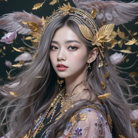 Gold backstop 32K（tmasterpiece，k hd，hyper HD，32K）Long flowing black hair，ponds，zydink， a color， Aozhou people （Concubine girl）， （Purple silk scarf）， Combat posture， looking at the ground， long whitr hair， Floating hair， Carp pattern headdress， Chinese long...