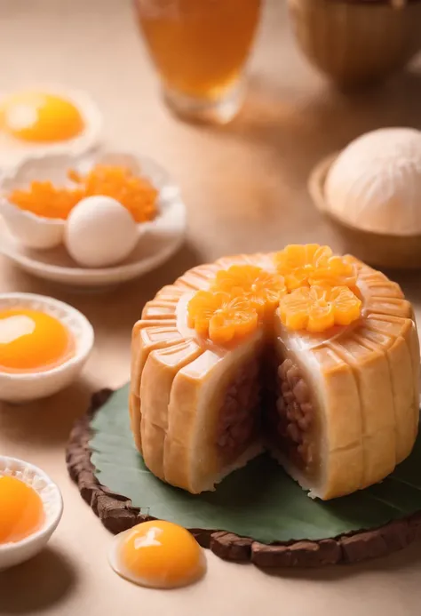 Intricate Mooncake cut half with pinky sakura fillings and 3 salty egg yolks inside the pinky filling