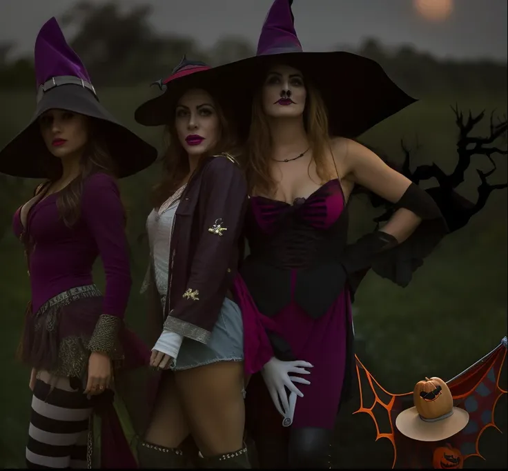 Three women dressed in costumes and hats standing in a field, Bruxas, O Conselho das Cadelas Assustadoras, roupas de bruxa, pose de spellcasting, halloween celebration, cena de dia das bruxas, goth family, Scarry mas enfeitiçando, Witchy, Atmosfera de Hall...