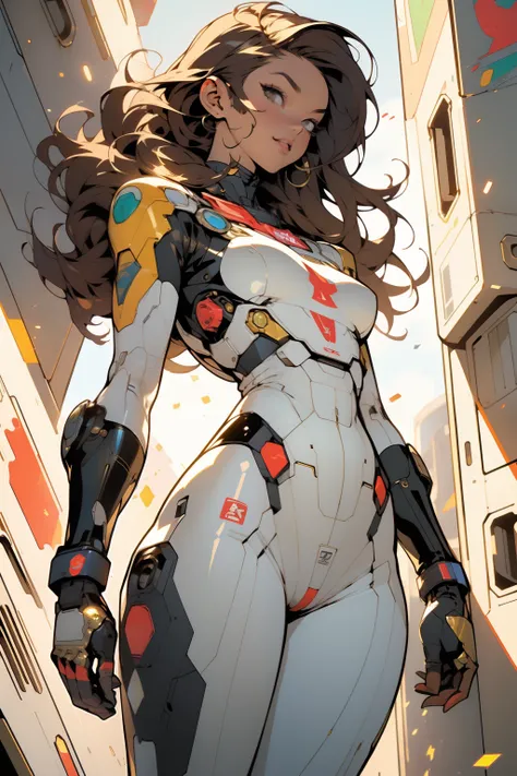 ((Best quality)), ((masterpiece)), (detailed: 1.4), (Absurd), (((full body)), (((woman))), 35-year-old woman, Beautiful thin woman, giant robot pilot, wild with perfect body, wearing little clothing, tiny thong, clothing with Japanese graphic patterns, hal...