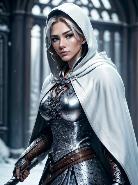 （top-quality、high detailing）、4/5 shots、Portrait of a 40-year-old adult female Viking、tall、Strong physique、the perfect body、Thighs with raised muscles、Silver warrior armor with fur collar、(((Wearing a white hood)))、Carrying a big sword on your back、Focus on...