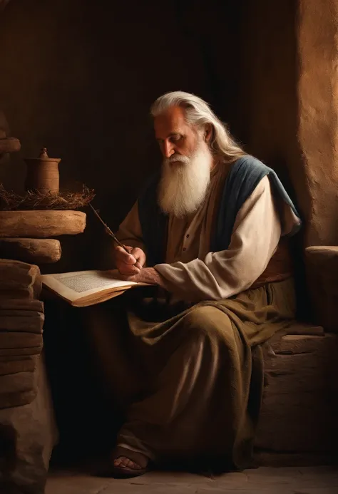 Develop an ultra-realistic image of an Old Testament prophet in a moment of reflection, Imagine him writing a scroll in a rustic setting.