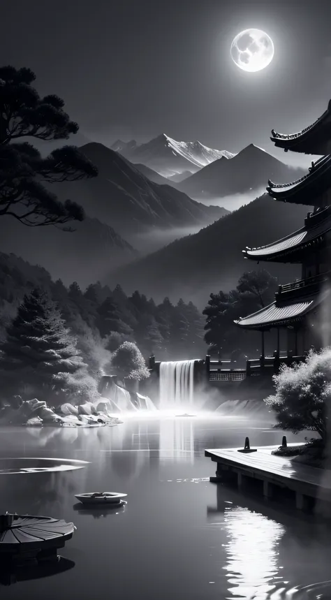 masterpiece,best quality,Chinese martial arts style,an asian night scene with lanterns and water lilies,asian pond with many lanterns and boatsa night scene with many lights and boats in the water, Lake surface, lotus flowers,beautiful night scene,(((Chine...