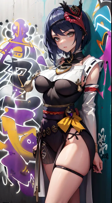 Kujou Sara Genshin Effect, masterpiece, bestquality, 1girls, oversized breasts, bara, choker, (Graffiti:1.5), Splash with purple lightning pattern., arm behind back, against wall, View viewers from the front., Thigh strap, Head tilt, bored, water eyes,