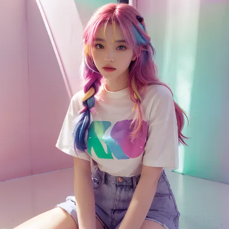 arafed woman sitting on the floor, two color hair, long hair with pastel colors, aurora colored hair, colorful pastel, lalisa ma...