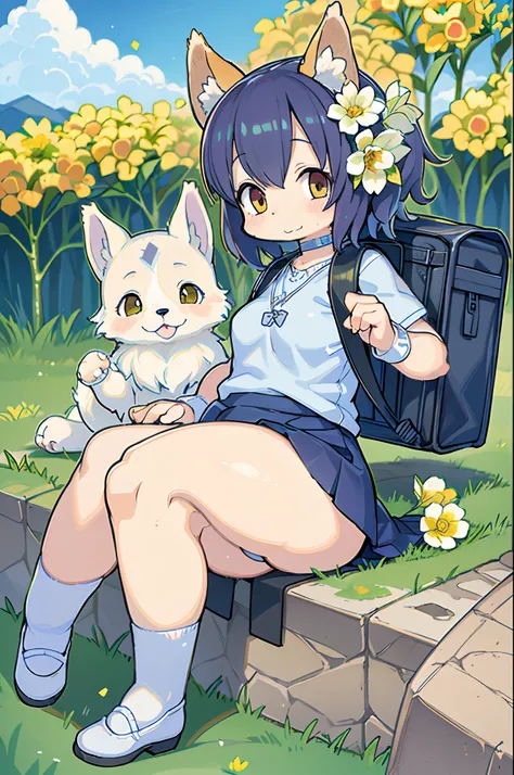 Very attractive little girl with backpack and cute puppy (husky) Enjoying a lovely spring outing surrounded by beautiful yellow flowers and nature. 4K resolution, hard disk, Illustrations, Very detailed, Facial features, comic strip, Visual Effects.