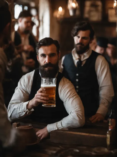 A group of bearded and mustachioed men in medieval Europe drinking beer in a tavern, the atmosphere of the tavern is like that of a pirate movie, long shot, cinematic, 8k resolution , masterpiece