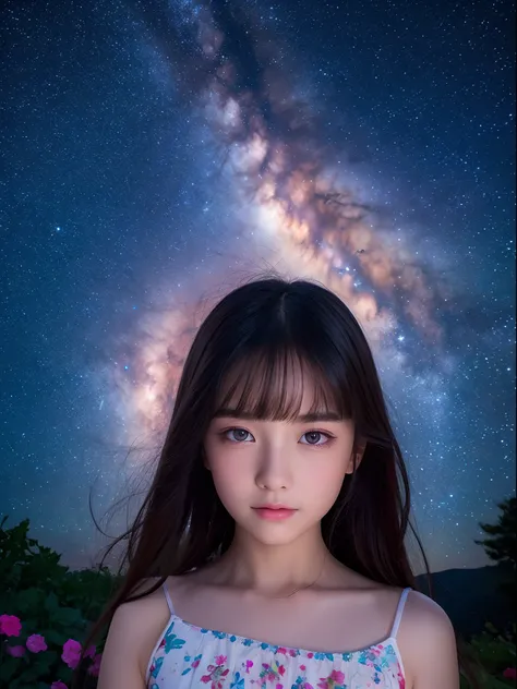 8K、12-year-old beautiful girl, Long, Starry sky background、detailed beautiful faces、Camisole Dresses, Colorful flower garden、Night,Starscape Portrait