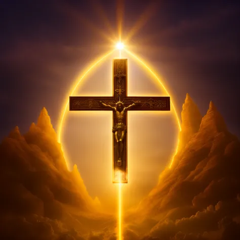 The cross of Alafeld glitters in the clouds, Cross, cross composition, an abstract spiritual background, Holy Cross, religion, holy sacred light rays, gods rays highly detailed, Holy, highly rendered, light of god, The shadow of the cross, Created in Adobe...