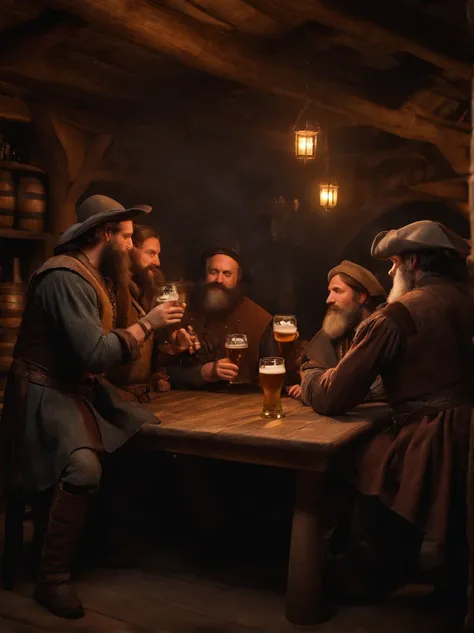 A group of bearded and mustachioed men in medieval Europe drinking beer in a tavern, the atmosphere of the tavern is like that of a pirate movie, long shot, ultra detailed, 8k resolution , masterpiece