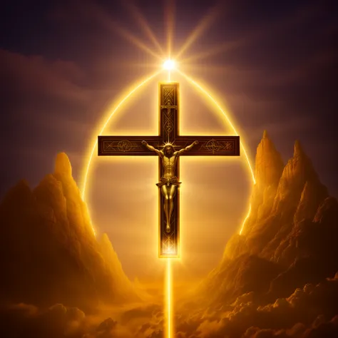 The cross of Alafeld glitters in the clouds, Cross, cross composition, an abstract spiritual background, Holy Cross, religion, holy sacred light rays, gods rays highly detailed, Holy, highly rendered, light of god, The shadow of the cross, Created in Adobe...