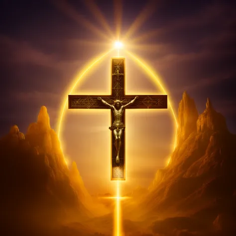 The cross of Alafeld glitters in the clouds, Cross, cross composition, an abstract spiritual background, Holy Cross, religion, holy sacred light rays, gods rays highly detailed, Holy, highly rendered, light of god, The shadow of the cross, Created in Adobe...