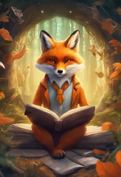 (best quality, ultra-detailed, realistic:1.37), orange fox reading with magical glasses in a magical environment,illustration, fox, cute animal, enchanted forest, VR glasses, fantasy world, immersive experience, vibrant colors, soft lighting, whimsical atm...