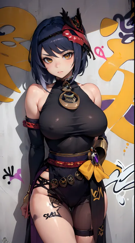 Kujou Sara Genshin Effect, masterpiece, bestquality, 1girls, oversized breasts, bara, choker, (Graffiti:1.5), Splash with purple lightning pattern., arm behind back, against wall, View viewers from the front., Thigh strap, Head tilt, bored, water eyes,