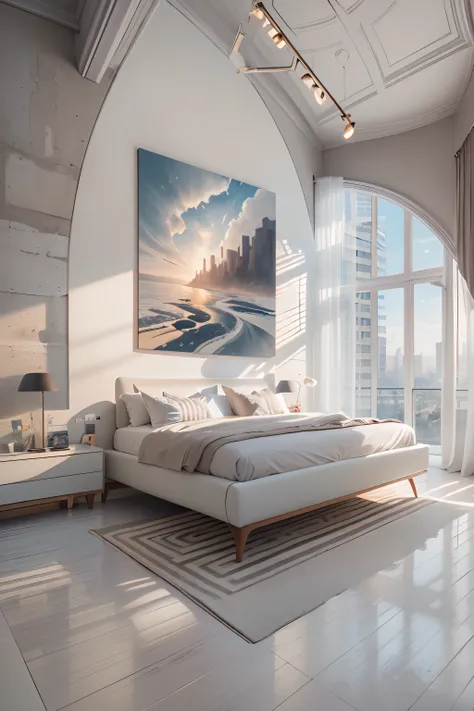 Bedrooms，There is a wall in the middle of the bedroom,The painting on the wall is in the middle, Paintings on the walls, skyscape, Large airy windows, Zaha Hadid and Santiago Calatrava landscape panoramic style, Fish, Clear light, Edge lighting, Perfect im...