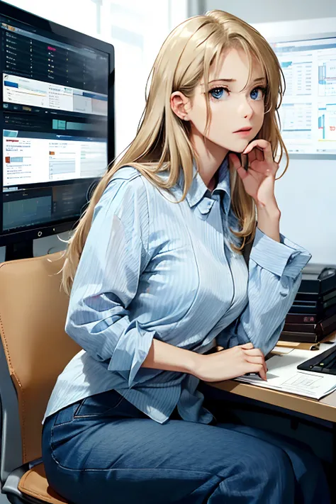 Holding a female economic newspaper of a beautiful blonde businesswoman in her hand. She sits at the computer, On-screen charts and numerical tracking. His face is、Represents concentration and determination when making analysis and investment decisions. Ar...