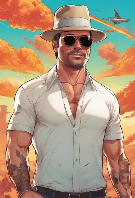 Adult males、bule、silber hair、（ultra-detailliert）Matrix Sunglasses、Black hat、white t-shirts、Cartoon in a black suit、Illustration of the wind,, In a realistic graphic style, Very detailed design,musculature, stylish,