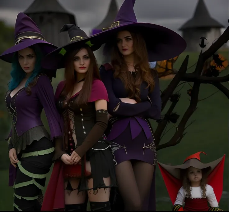 Three women dressed in costumes and hats are standing in a field, Bruxas, O Conselho das Cadelas Assustadoras, roupas de bruxa, pose de spellcasting, halloween celebration, cena de dia das bruxas, goth family, Witchy, Scarry mas enfeitiçando, Atmosfera de ...