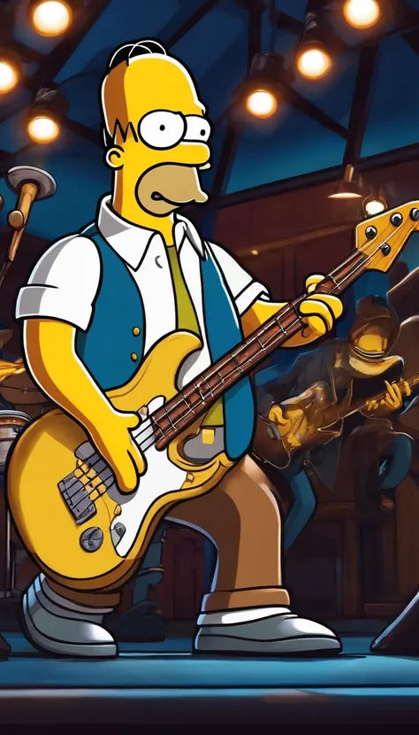 cafe shop，The Simpsons，Homer Simpson plays bass，homer simpson，dramatic lights，Dramatic colors，On stage，One guy，Play bass，The whole body of the character