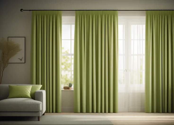 thick curtains, light green, interior, cozy, side view, luminous lighting, (masterpiece),(high quality), best quality, real, (realistic), super detailed, (full detail),(4k),8k